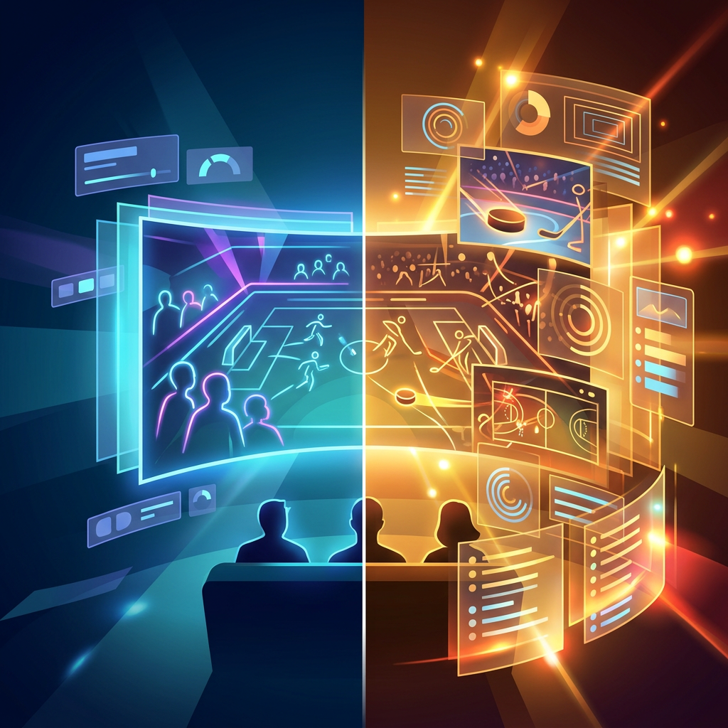 Split-screen sports technology illustration with viewers, athletes, dashboards, and analytics