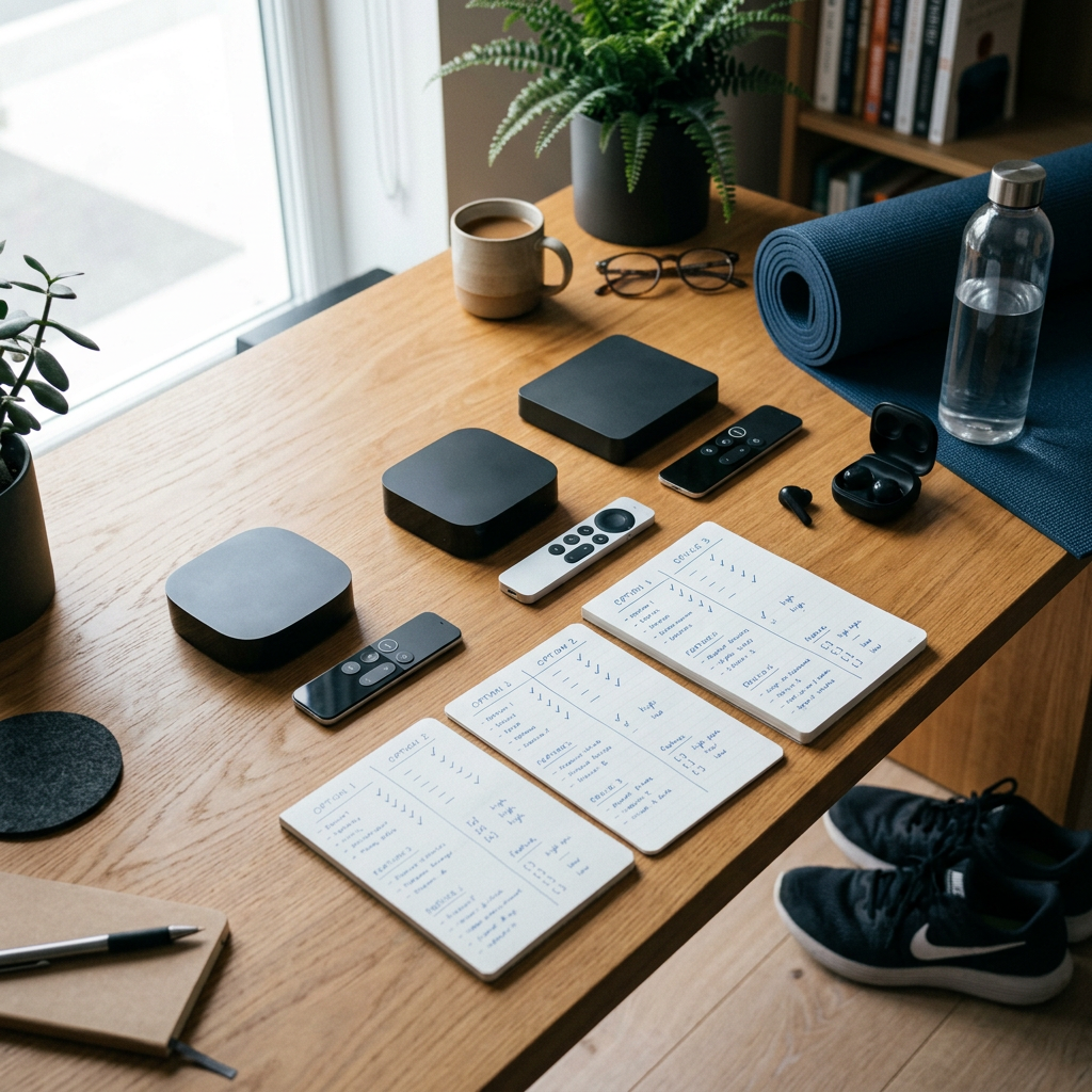 Smart home hubs, remotes, earbuds, and comparison notes on a desk