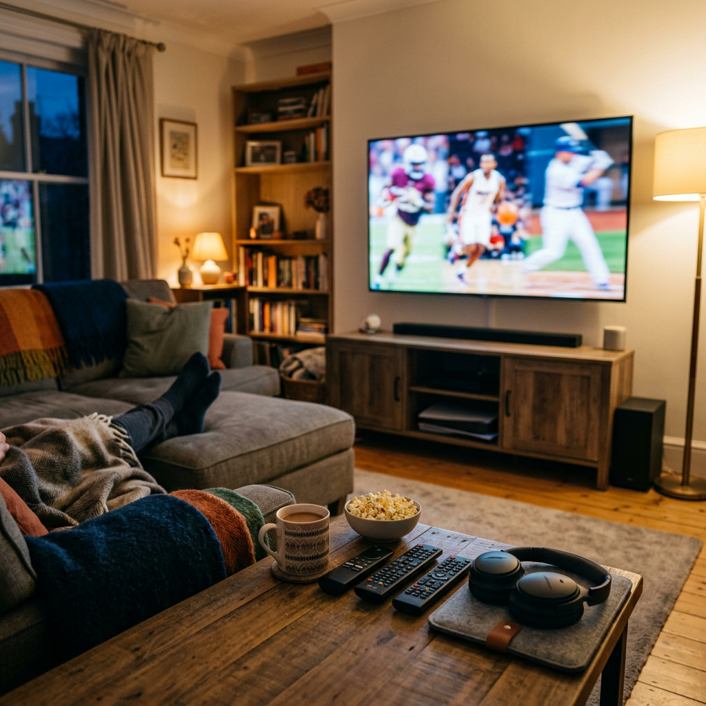 Cozy sports viewing living room with abstract motion
